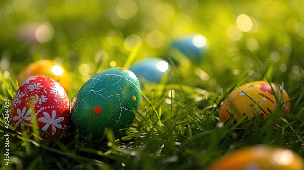 a group of colorful easter eggs sitting on top of a lush green grass covered field with sun shining through the leaves of a tree in the middle of the grass. a group of colorful easter eggs sitting on top of a lush green grass covered field with sun shining through the leaves of a tree in the middle of the grass.