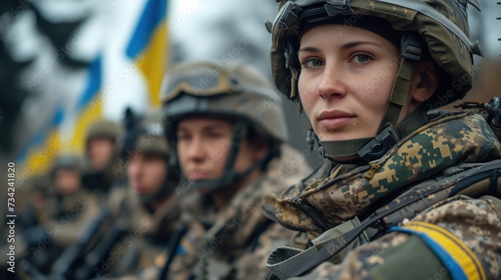 Ukrainian military holds the flag of Ukraine. The concept of victory. Ukrainian military holds the flag of Ukraine. The concept of victory.