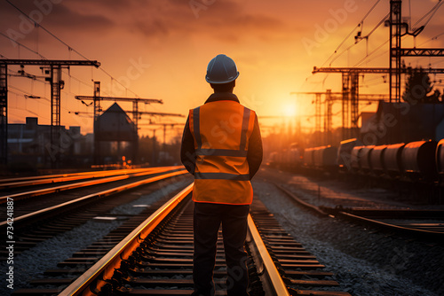 Railway engineer on the rail track at the sunset 