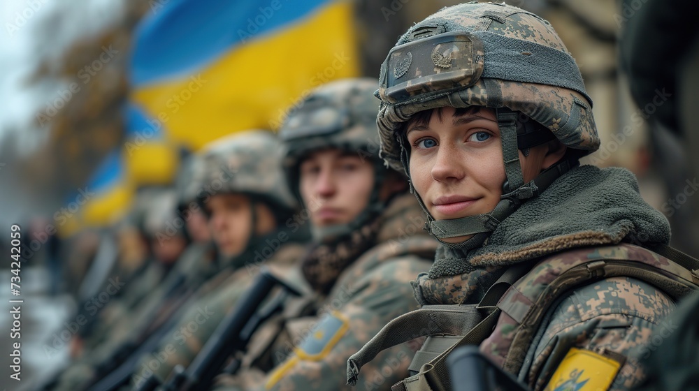 Ukrainian military holds the flag of Ukraine. The concept of victory.