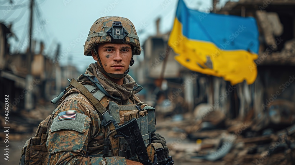 Ukrainian military holds the flag of Ukraine. The concept of victory.