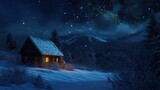 a cabin in the middle of a snowy mountain under a night sky filled with stars and a full moon with a shooting star in the sky above the cabin in the foreground.
