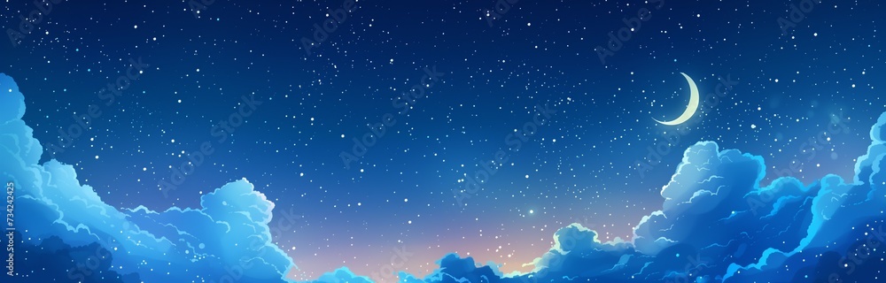 Fototapeta premium blue night skyscape with moon and stars among clouds