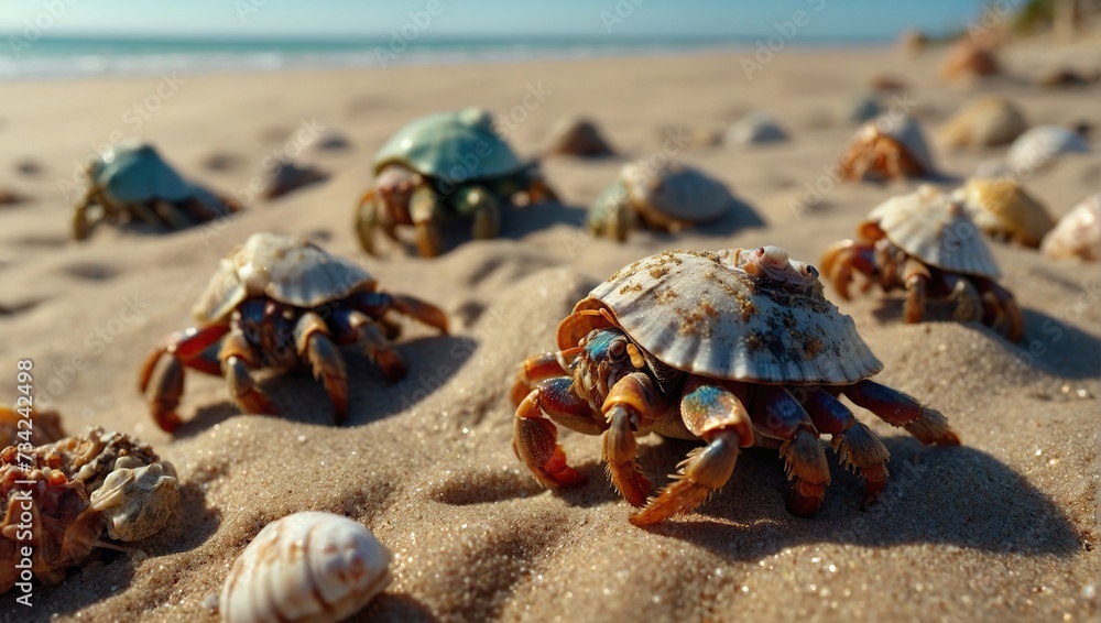 hermit crabs emerging from their vibrant shells, scattered across the sandy beach as they search for food and shelter hermit crabs emerging from their vibrant shells, scattered across the sandy beach as they search for food and shelter