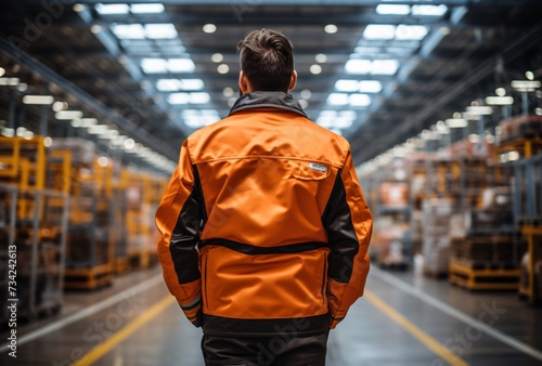 a man in an orange jacket walking in a warehouse © ion