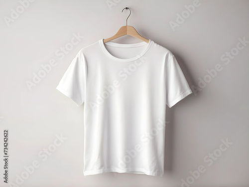 white t-shirt without print on a hanger, mockup. white and gray wall