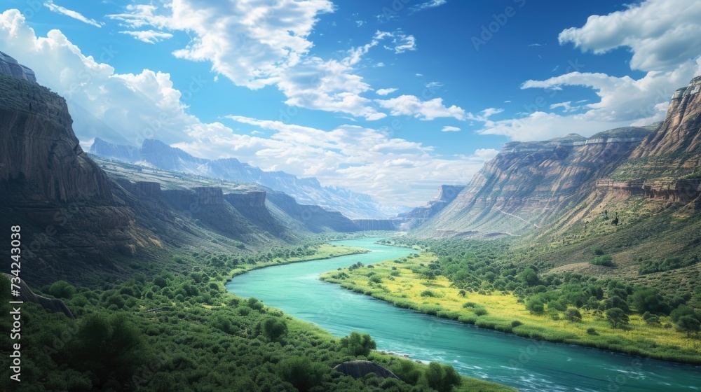 Fototapeta premium Serene Mountain Valley River with Lush Greenery and Misty Peaks