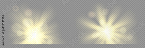Sun rise bright aura. Sunset light halo flare. Camera lens flare in landscape vector png. Radial glow bokeh starburst. Magic atmospheric glow in the sky.