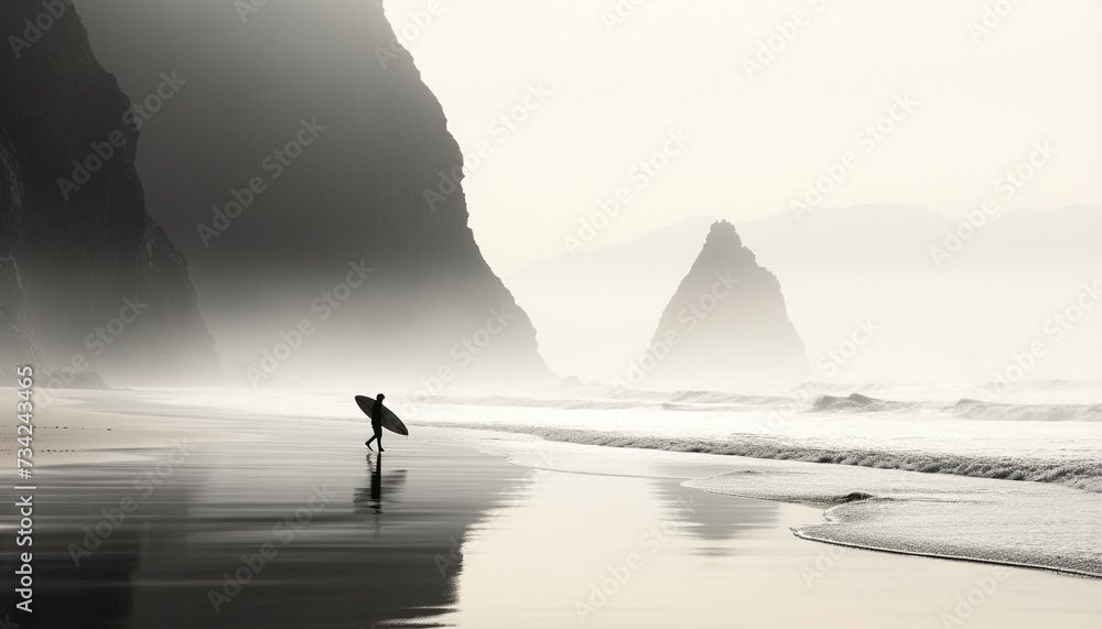 Two men surf on a wave, silhouetted against a sunset generated by AI