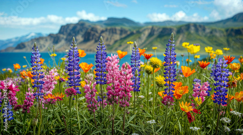 Coastal flower paradise. Summer landscape with bright wildflowers. Image for covers  wallpapers  backgrounds  banners and other summer projects.