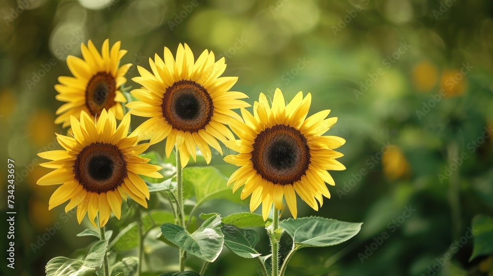 Fototapeta premium a bunch of sunflowers that are blooming in a field of green grass and yellow flowers are in the foreground, with a blurry background of the sunflowers in the foreground.