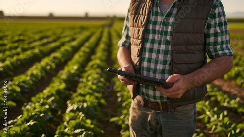 person in a field using a tablet with another person in the background, presumably engaged in agricultural activities.