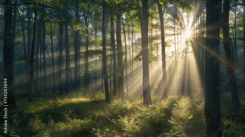 the sun shines through the trees into a forest filled with tall, green grass and tall, thin, thin, thin, and thin trees in the foreground. the sun shines through the trees into a forest filled with tall, green grass and tall, thin, thin, thin, and thin trees in the foreground.