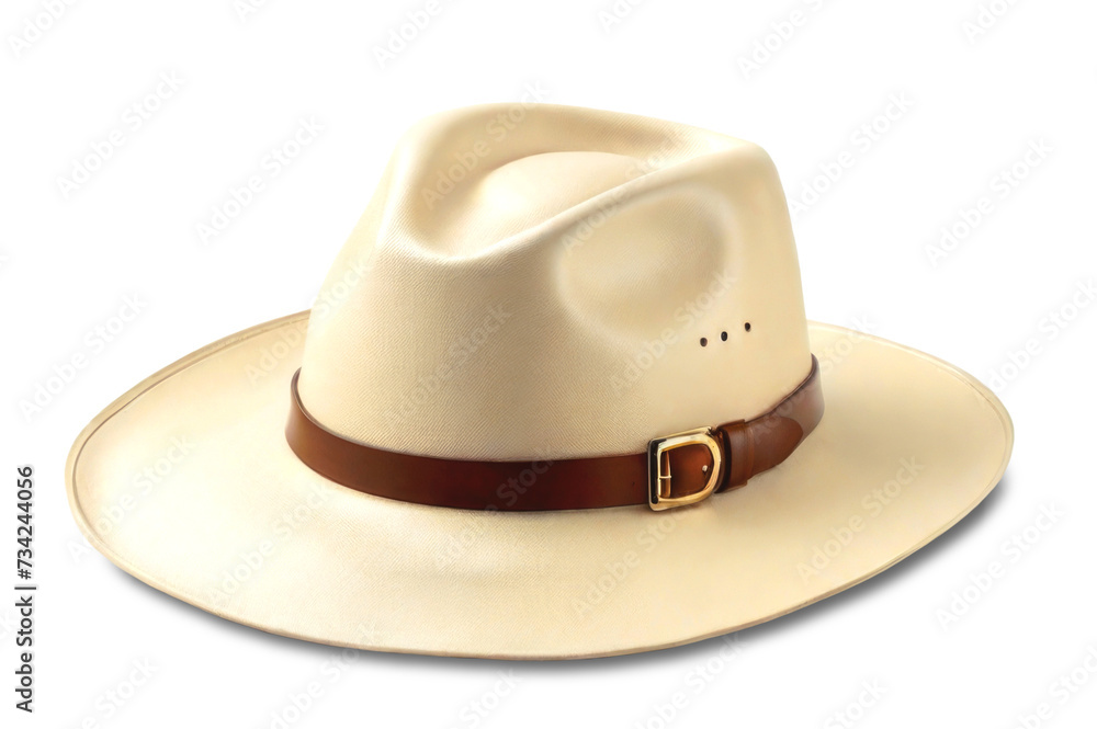 Ivory wide-brimmed leather hat with a brown buckle on a white background and a transparent background. PNG. Ivory wide-brimmed leather hat with a brown buckle on a white background and a transparent background. PNG.