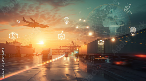 dynamic transportation and logistics concept, showcasing various modes of freight transport such as trucking and aviation, integrated with digital connectivity and global networking. © MP Studio