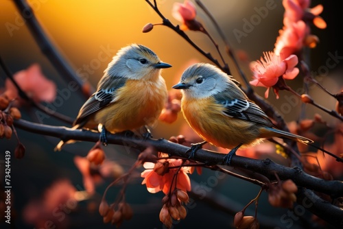 Colorful birds between green leaves, melody in nature., generative IA