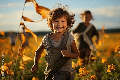 Happy children play with colorful kites in the open field., generative IA