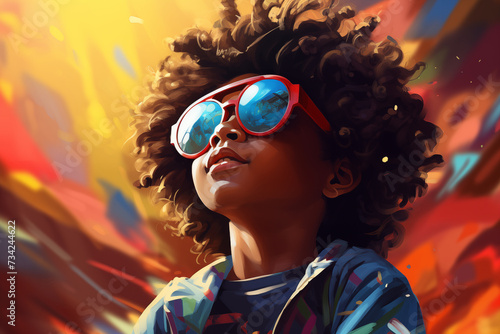 Cool African kid with sunglasses and trendy colorful clothes, illustration generated by AI
