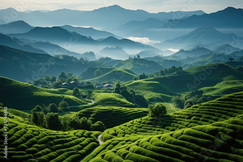 Rural landscape displays green plantations and picturesque farm., generative IA