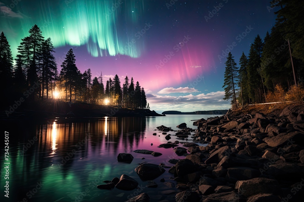Aurora Boreal dancing under starry sky., generative IA