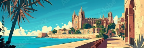 Palma Cathedral's Majestic Silhouette Against the Clear Blue Sky: A Vibrant Digital Illustration Highlighting Mallorca's Iconic Landmark