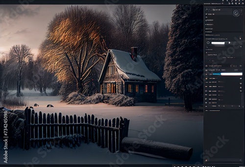 Zimowa sceneria z chatką elfów. Generative AI photo