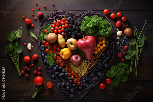 heart nutrition concept with plate filled with vegetables and fruits, in the style of chalky, medical themes, darktable processing, bentwood, dynamic energy flow, graph paper