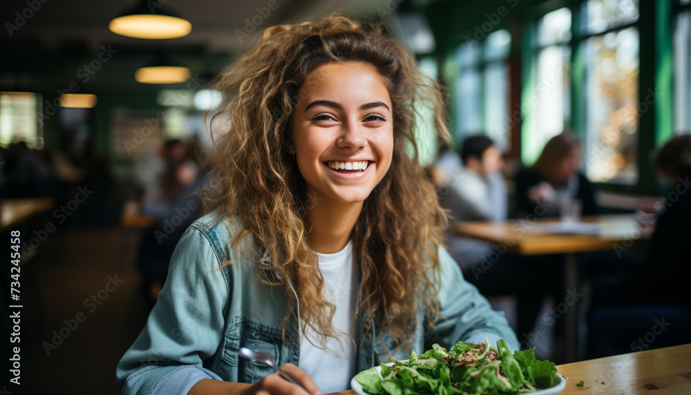 A cheerful woman enjoying a fresh meal, looking at camera generated by AI
