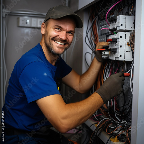 Smiling electrician repairs the wiring in the house Job ID: cf138061-8833-4cc5-bf61-4ca0d8d8b984