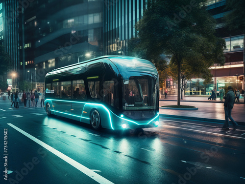 The concept of a modern bus without a driver of the future. A prototype of a bus driving on a city street with zero exhaust emissions  © Johannes