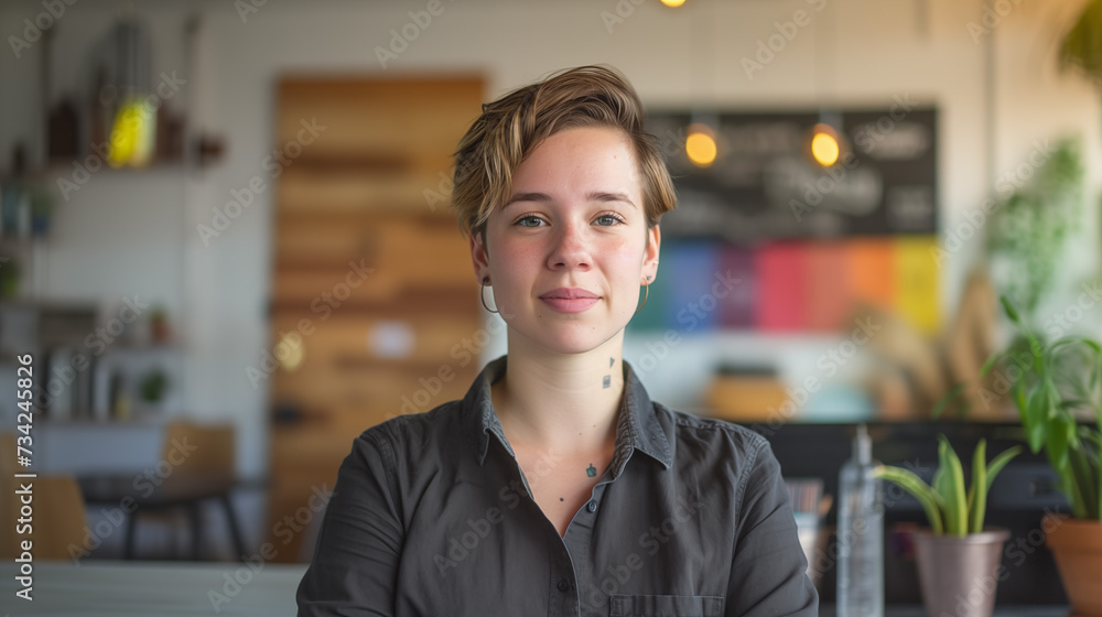 young woman with short hair with tattoos and looking at the camera standing inside a working place