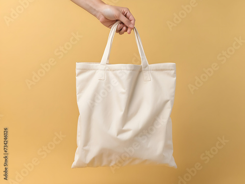 Hand holding a blank white tote bag mockup isolated on a yellow background design, eco cotton bag design.