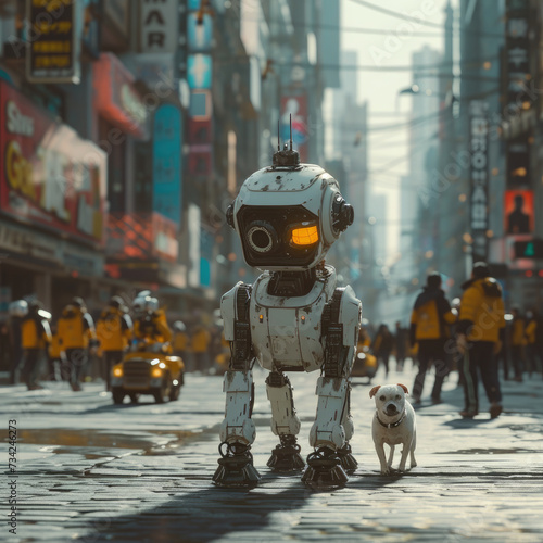 A Humanoid AI robot walks a dog along in park. Futuristic technology concept. Future.