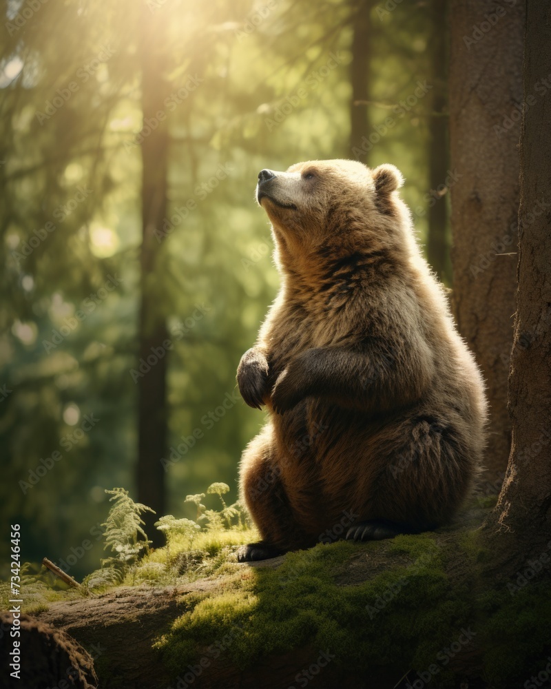 Obraz premium A brown bear sitting on a log in the woods. Generative AI.