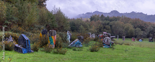 O Rexo Ecospace, pictorial and sculptural intervention by the artist Agustín Ibarrola on a natural space, Allariz, Ourense, Galicia, Spain photo