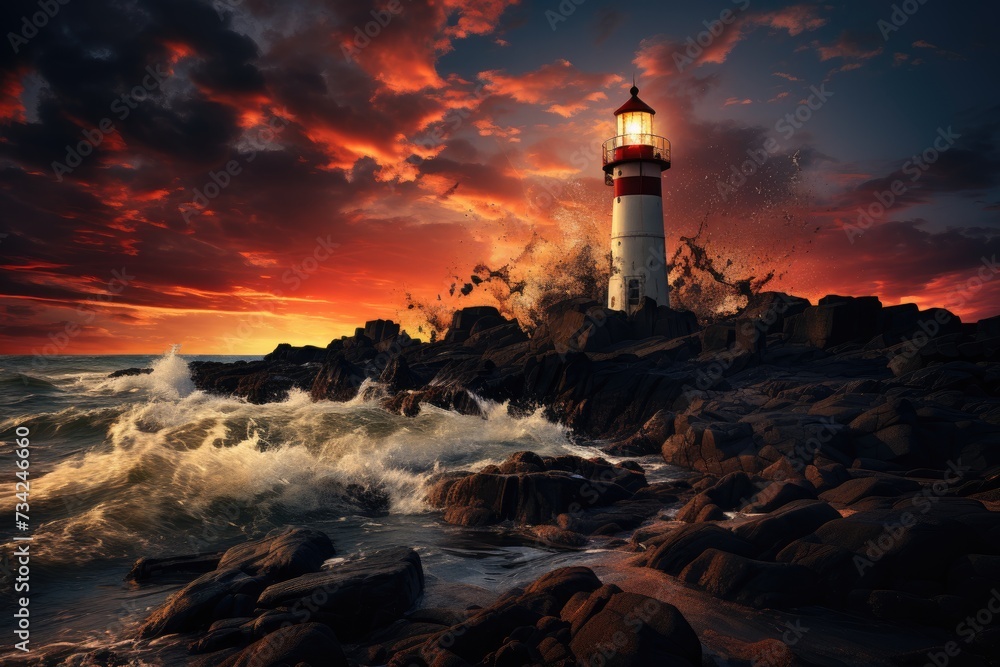 Dramatic lightning on lighthouse by the bustling ocean., generative IA