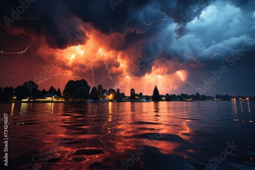 Lightnings dance on busy waters of a night lake., generative IA
