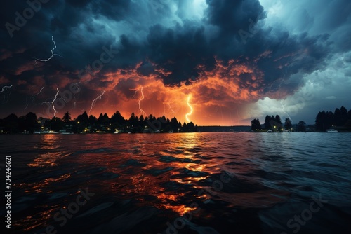 Lightnings dance on busy waters of a night lake., generative IA