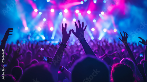lively crowd at a concert  with hands raised in the air  silhouetted against a backdrop of vibrant stage lights  capturing the energy and excitement of a live music event.
