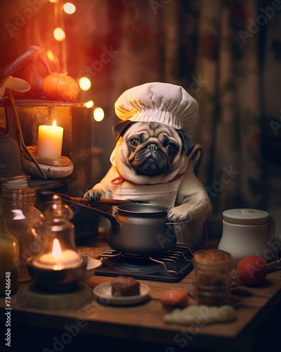 A pug dog in a chef hat is cooking on a stove. Generative AI.