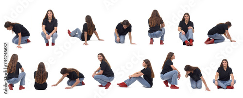 Obraz na płótnie various poses of the same yung woman kneeling, squatting and sitting on white ba