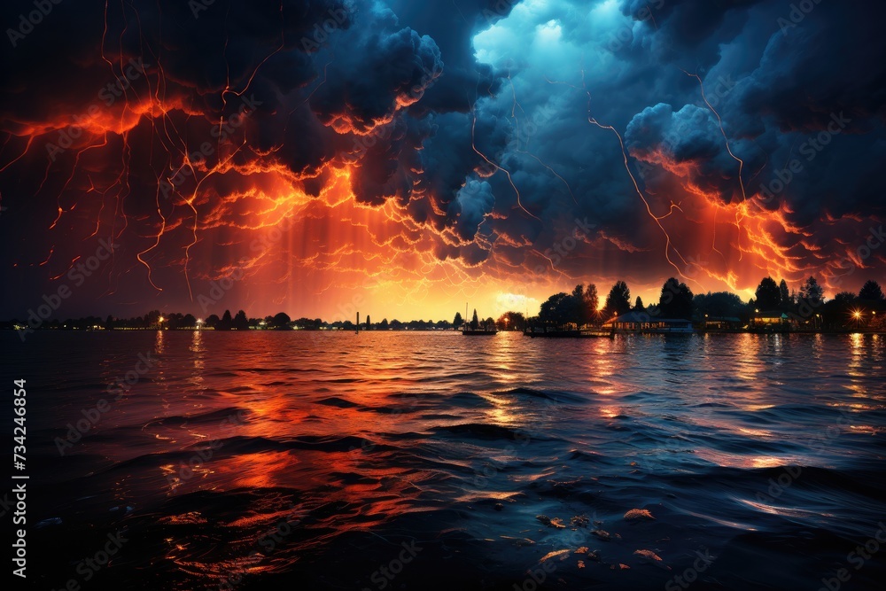 Intense lightning illuminate the stormy sky., generative IA Intense lightning illuminate the stormy sky., generative IA