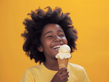 Charming image of a 7-year-old Afro-American girl joyfully eating an ice cream cone, radiating happiness and innocence. Ideal for capturing the joy of childhood 