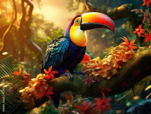 A colorful toucan sitting on a branch in the jungle. Generative AI.