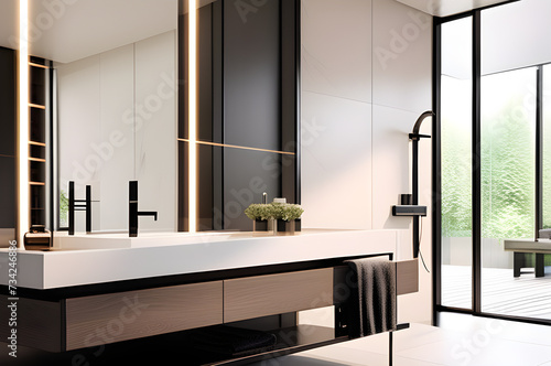 Minimalist Bathroom Elegance  Embracing Clean Lines and a Subtle Aesthetic  Enhanced by Bold Black Highlights for a Touch of Modern Sophistication