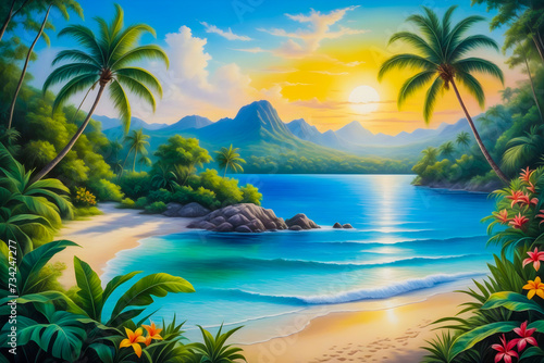 Tropical landscape painting with beach  palm trees and mountains