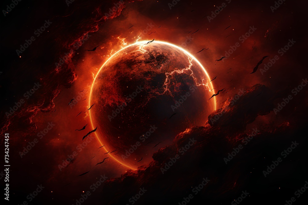 large bright red planet floating in dark space - obrazy, fototapety, plakaty 