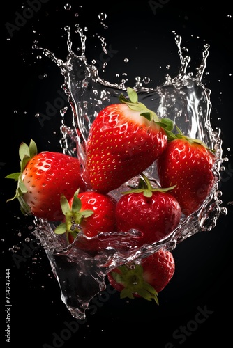 strawberries in splashes of water on black background