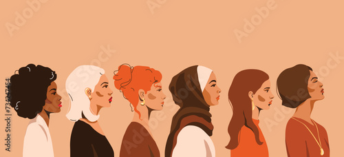 Women of different race look at side, profile face, vector