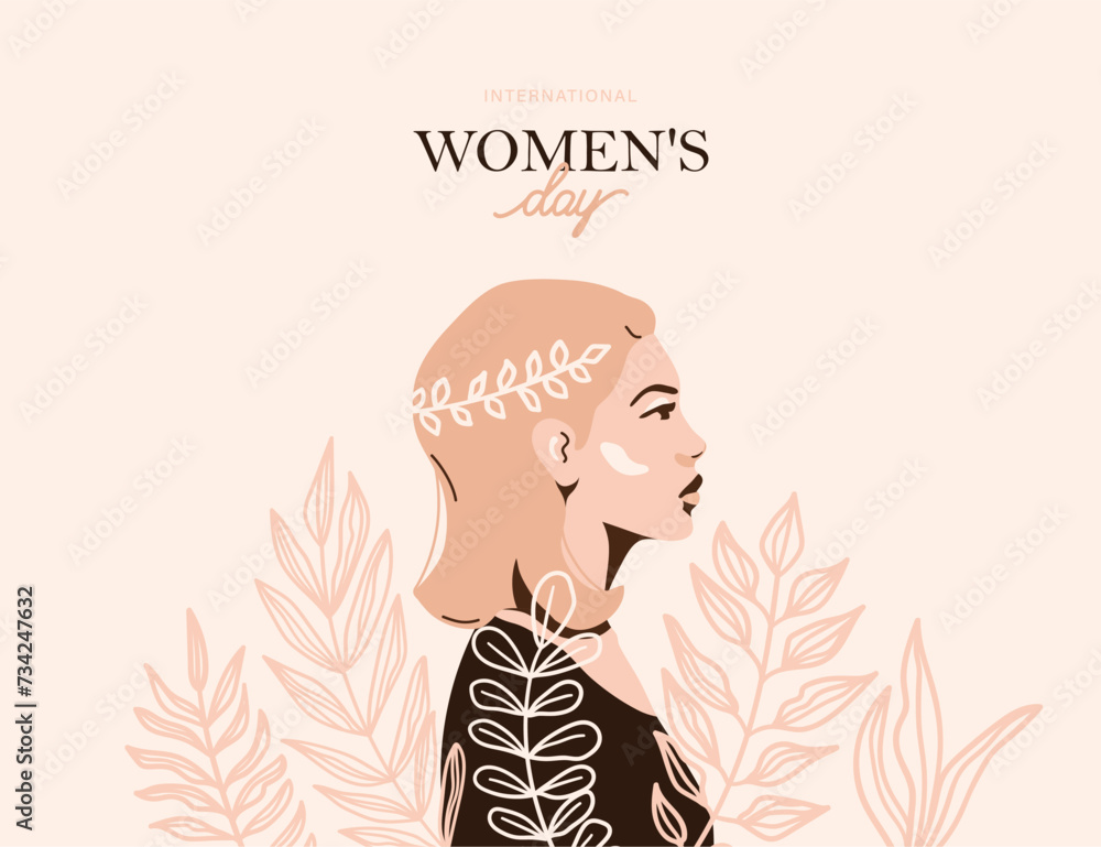 Beautiful woman in profile with floral flower elements. International Beautiful woman in profile with floral flower elements. International